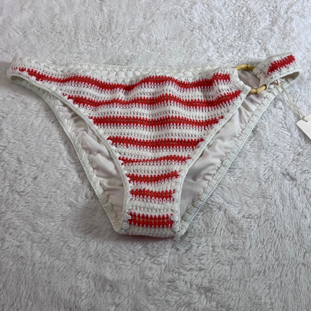 Aerie Red White Striped Crochet Cheeky Bikini Bottoms Ring Detail Large‎ NWT